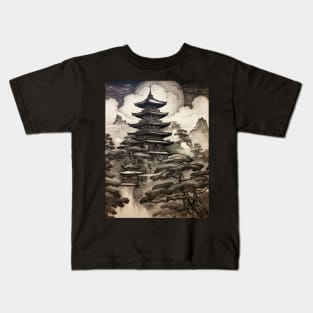 Japanese Castle Woodblock Engraving Style Kids T-Shirt